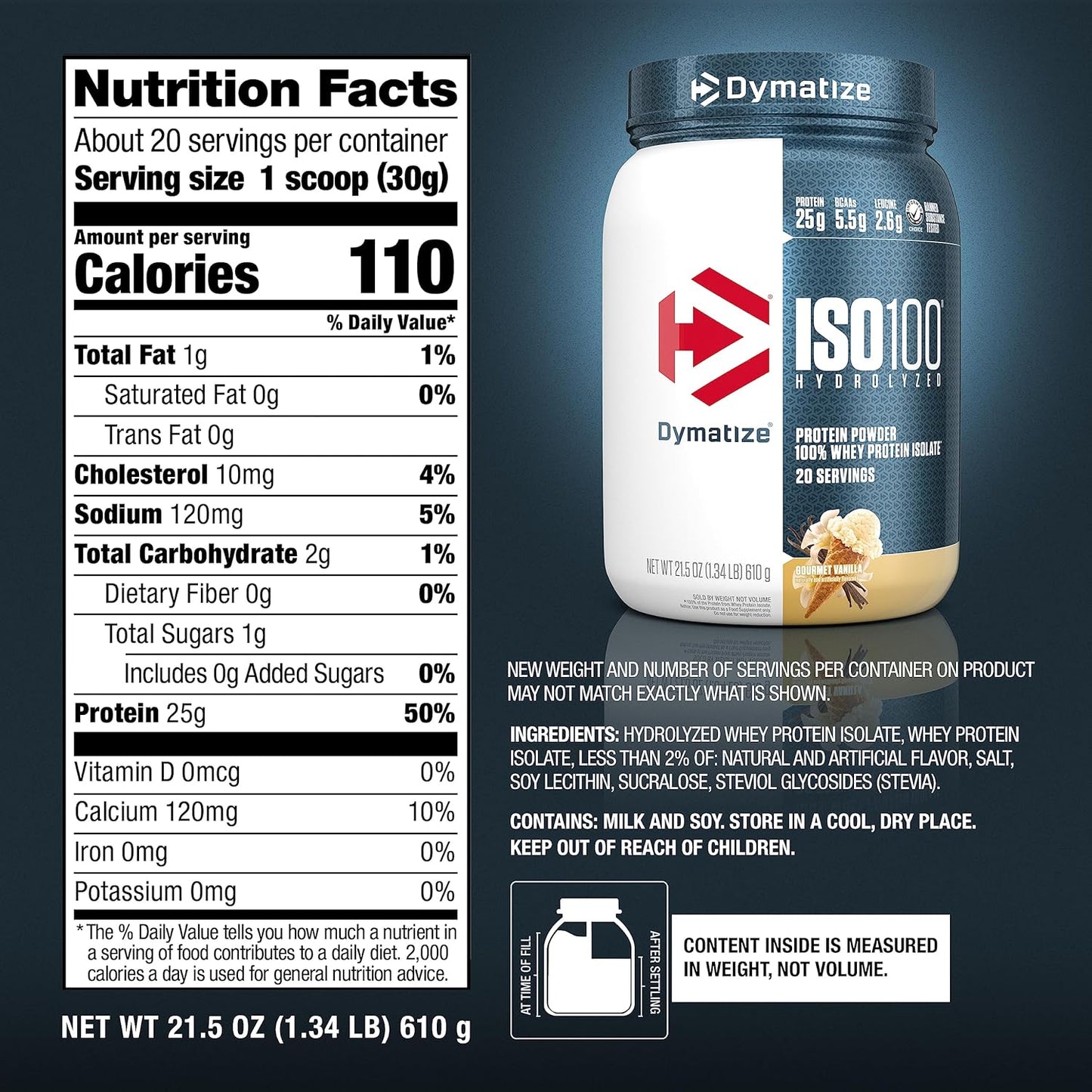 Dymatize ISO100 Whey Protein Isolate Powder — 25g Protein, 5.5g BCAAs, Under 120 Calories, Gluten-Free, 1g Fat, 1g Sugar, 2g Carbs (20 Servings)