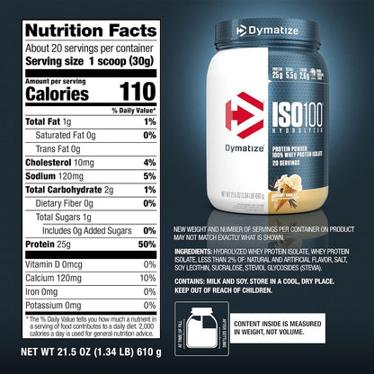 Dymatize ISO100 Whey Protein Isolate Powder — 25g Protein, 5.5g BCAAs, Under 120 Calories, Gluten-Free, 1g Fat, 1g Sugar, 2g Carbs (20 Servings)