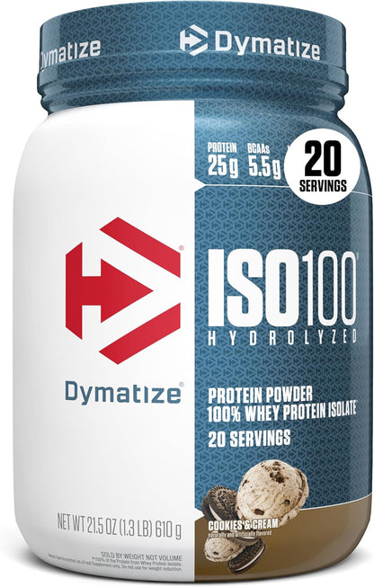 Dymatize ISO100 Whey Protein Isolate Powder — 25g Protein, 5.5g BCAAs, Under 120 Calories, Gluten-Free, 1g Fat, 1g Sugar, 2g Carbs (20 Servings)