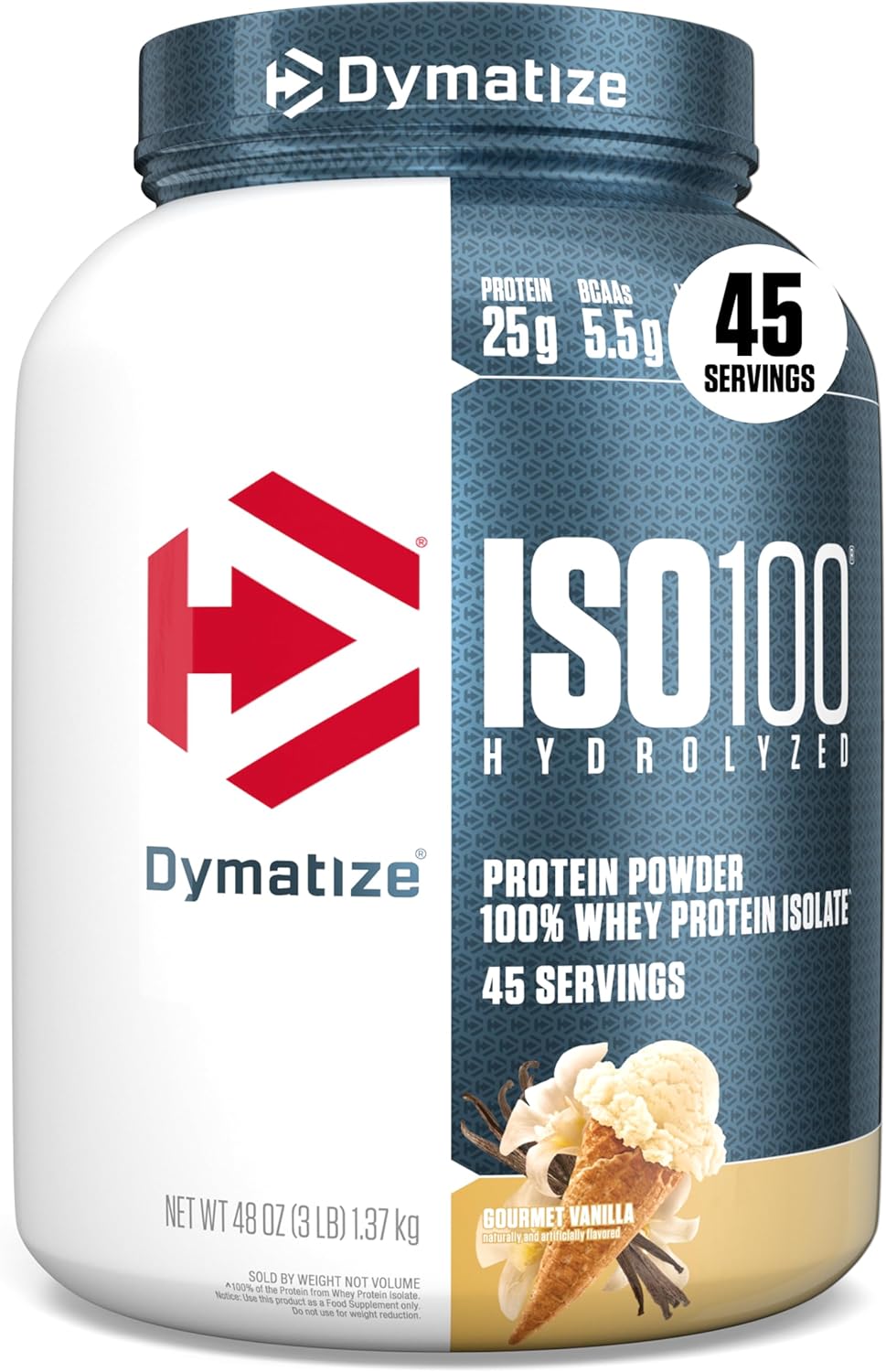 Dymatize ISO100 Whey Protein Isolate Powder — 25g Protein, 5.5g BCAAs, Under 120 Calories, Gluten-Free, 1g Fat, 1g Sugar, 2g Carbs (20 Servings)