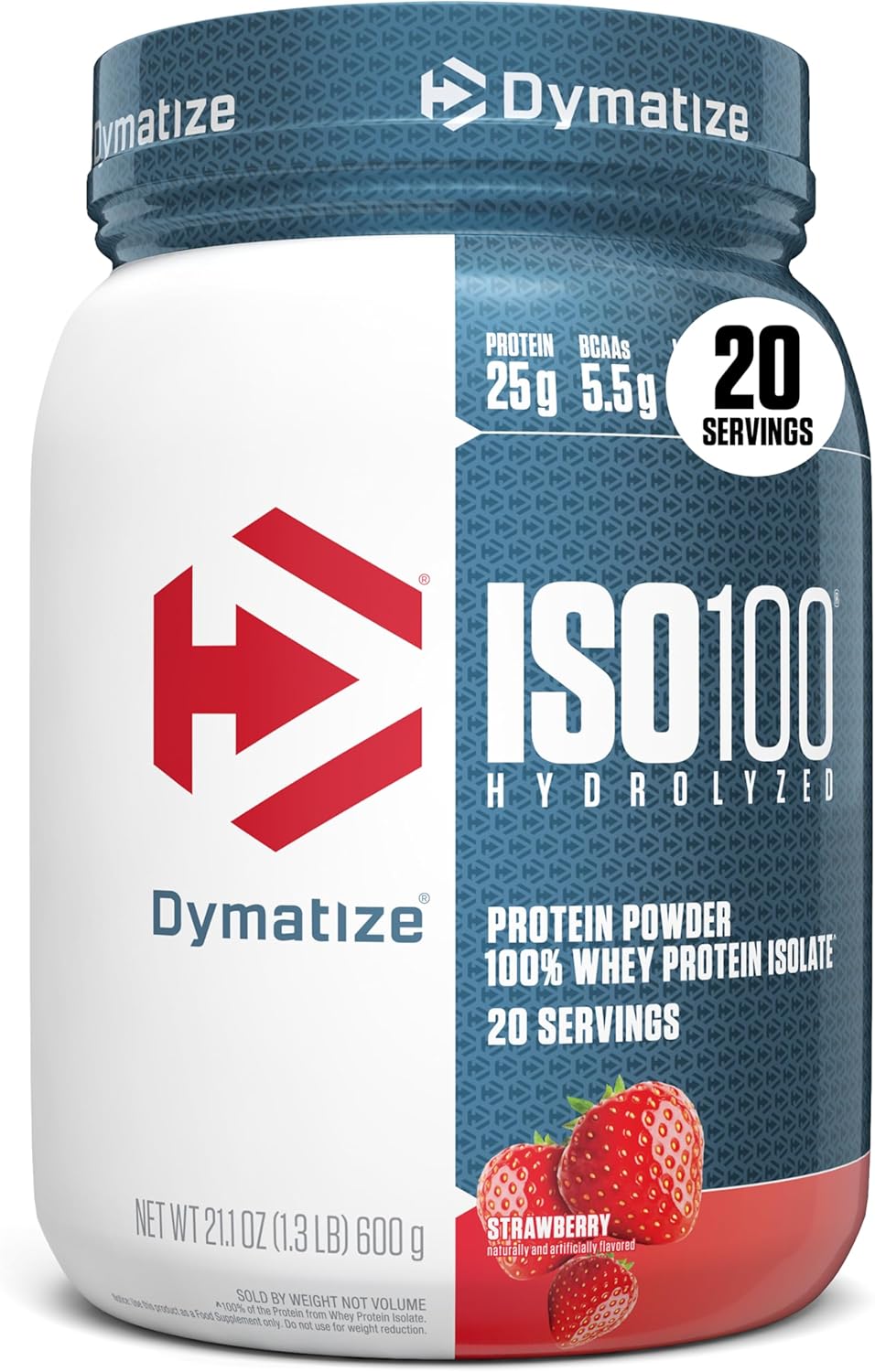 Dymatize ISO100 Whey Protein Isolate Powder — 25g Protein, 5.5g BCAAs, Under 120 Calories, Gluten-Free, 1g Fat, 1g Sugar, 2g Carbs (20 Servings)